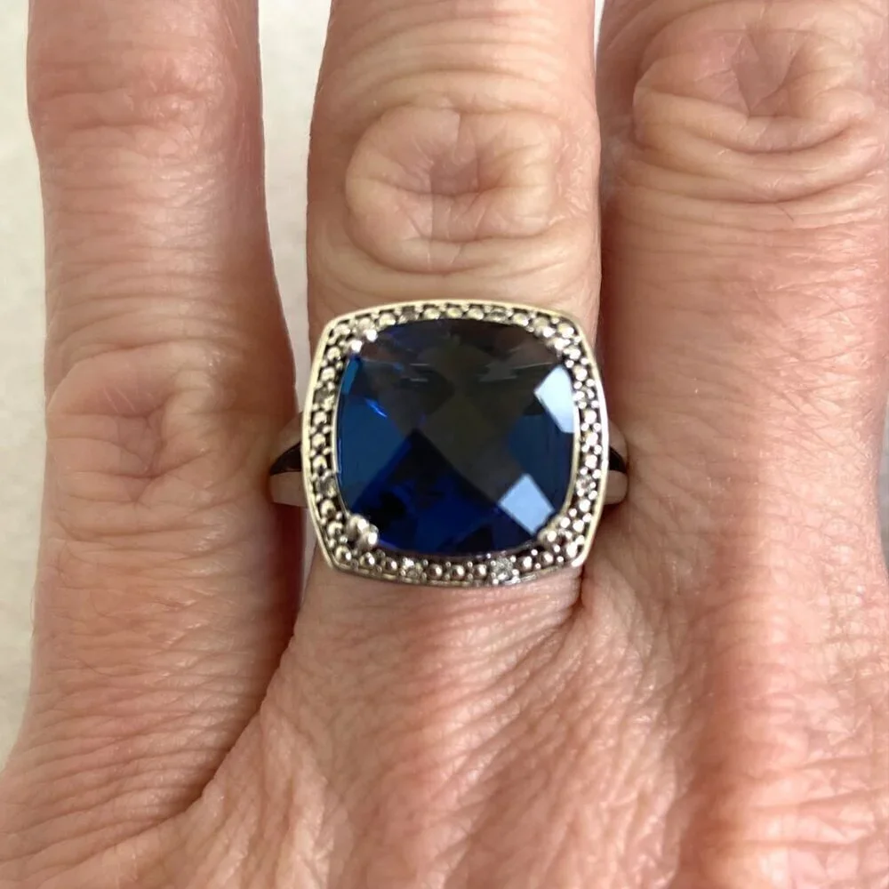 Sterling Silver 925 P☆M Blue Cubic Zirconia & Diamond Accent Stone Ring Sz 7